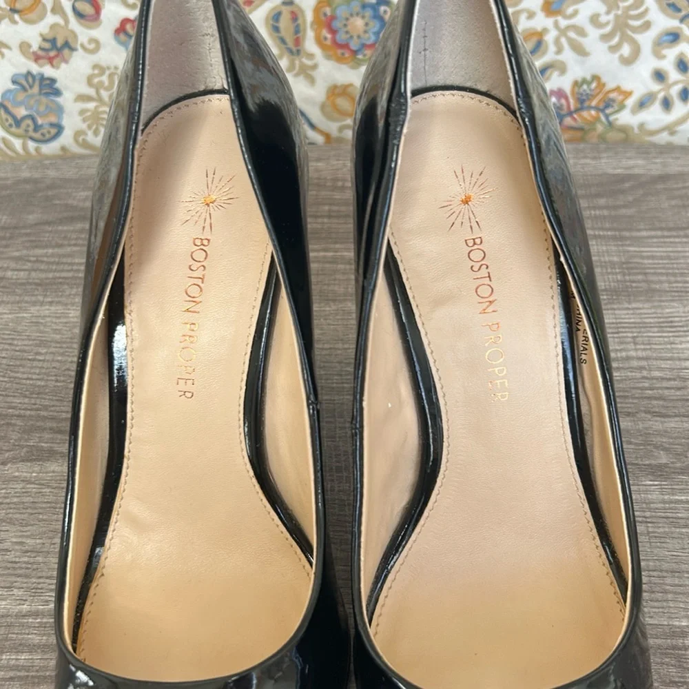 Boston Proper Black‎ Patent Leather Peep Toe Wedges Shoes Office Date Night 7M